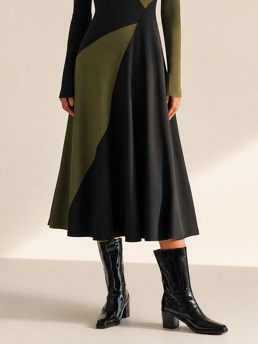 Women's Elegant Round-Neck Long-Sleeve Colorblock Belted A-Line Midi Dress MDZ1296H7CMX