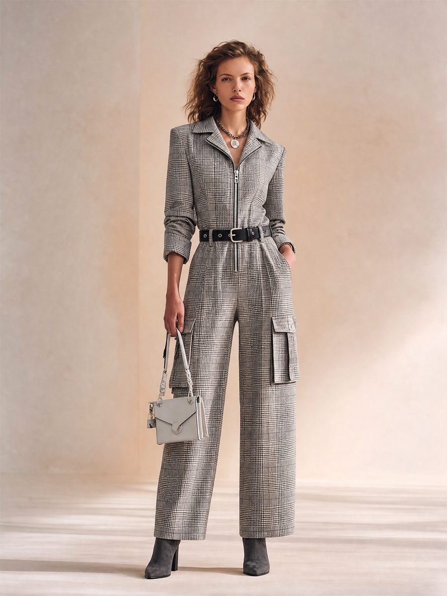Women's Checked Collared Zip-Front Belted Long-Sleeve Cargo Wide-Leg Jumpsuit MDZ1260H6CMX