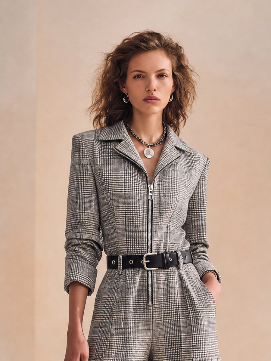 Women's Checked Collared Zip-Front Belted Long-Sleeve Cargo Wide-Leg Jumpsuit MDZ1260H6CMX