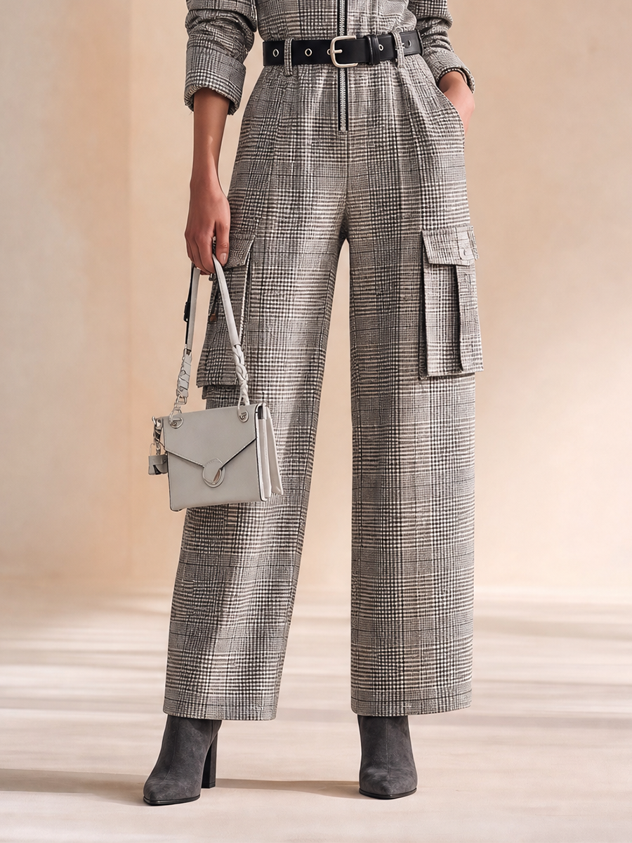Women's Checked Collared Zip-Front Belted Long-Sleeve Cargo Wide-Leg Jumpsuit MDZ1260H6CMX