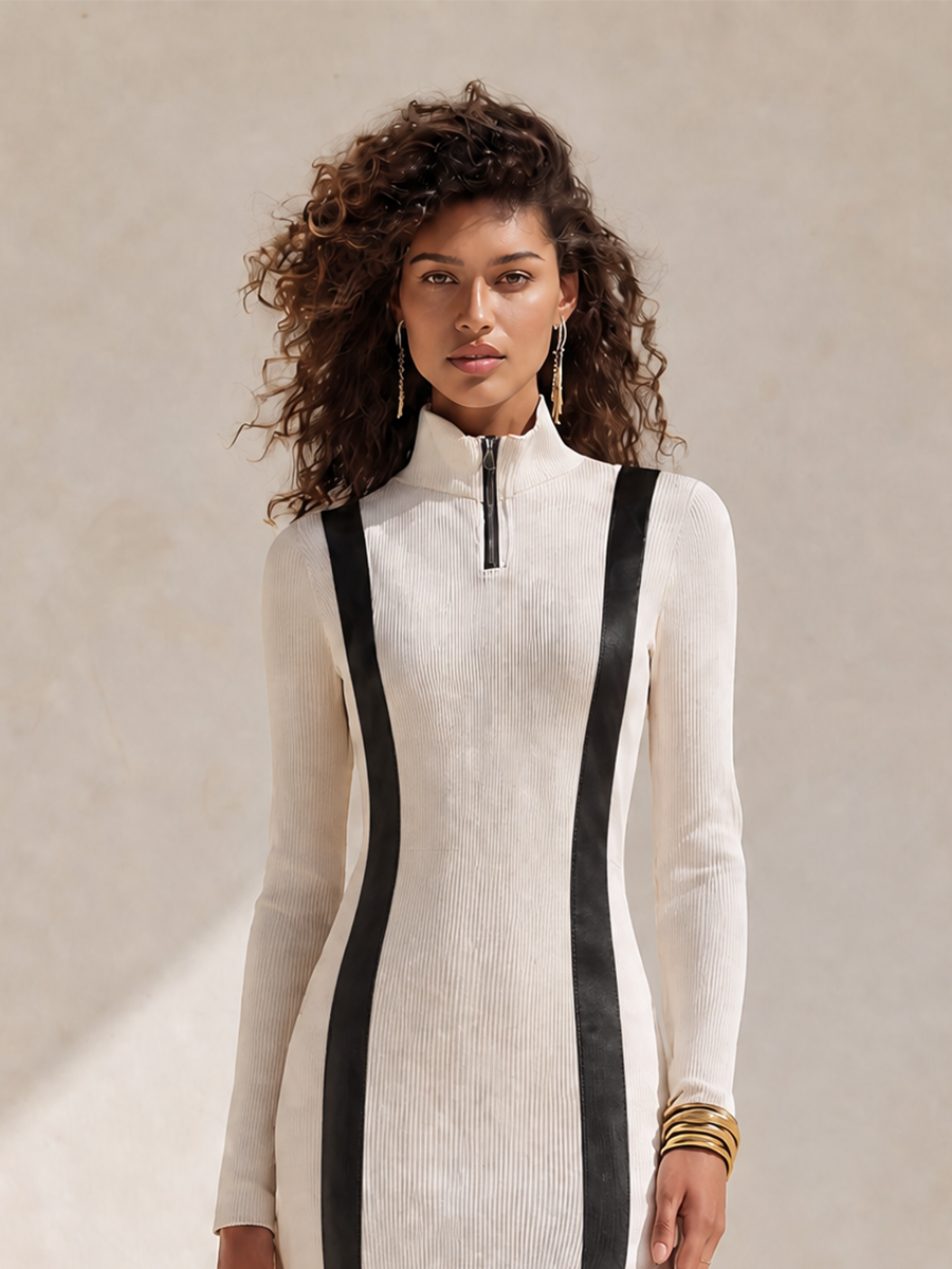 Women's Contrast-Piping High-Neck Half-Zip Long-Sleeve Slit Bodycon Maxi Dress MDZ1244H8CMX