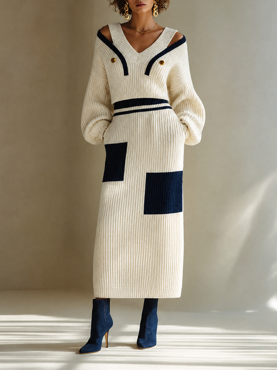 Women's Elegant Wool-Knit V-Neck Off-Shoulder Dropped-Shoulder Long-Sleeve Top & Colorblock Straight Skirt Set MDZ1238H8CMX