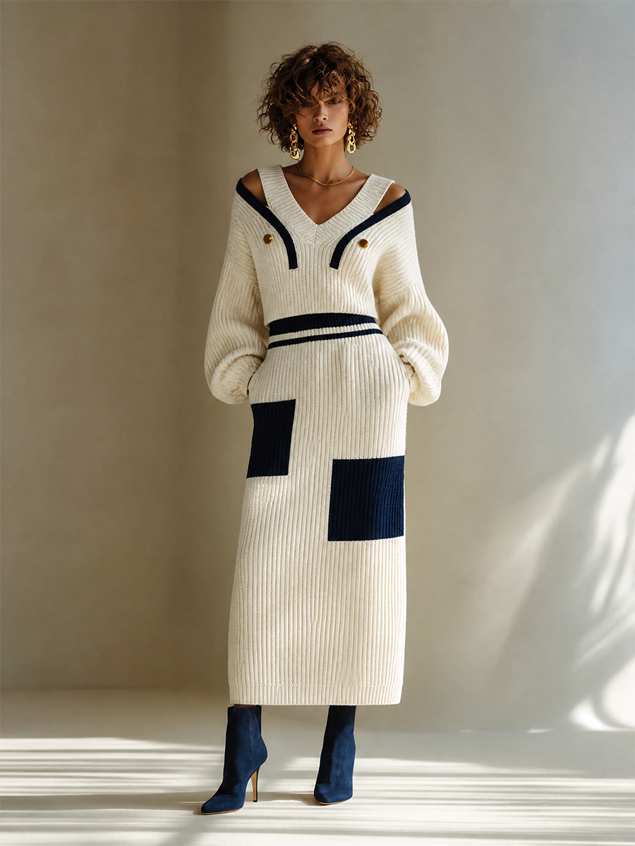 Women's Elegant Wool-Knit V-Neck Off-Shoulder Dropped-Shoulder Long-Sleeve Top & Colorblock Straight Skirt Set MDZ1238H8CMX