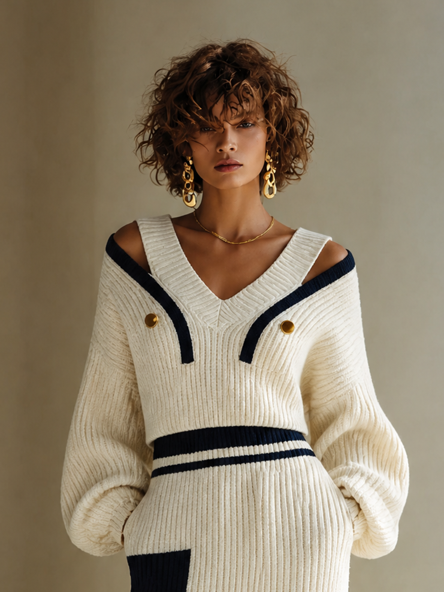 Women's Elegant Wool-Knit V-Neck Off-Shoulder Dropped-Shoulder Long-Sleeve Top & Colorblock Straight Skirt Set MDZ1238H8CMX