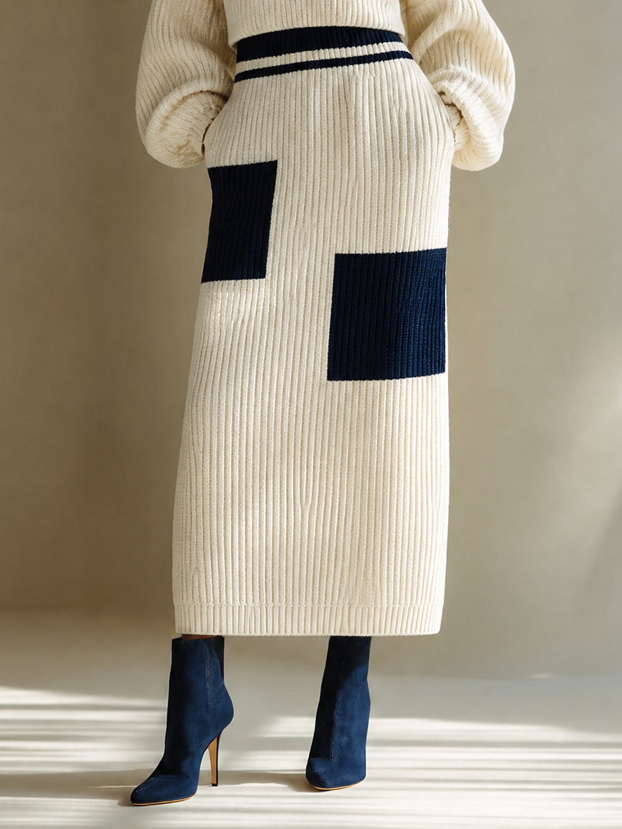 Women's Elegant Wool-Knit V-Neck Off-Shoulder Dropped-Shoulder Long-Sleeve Top & Colorblock Straight Skirt Set MDZ1238H8CMX