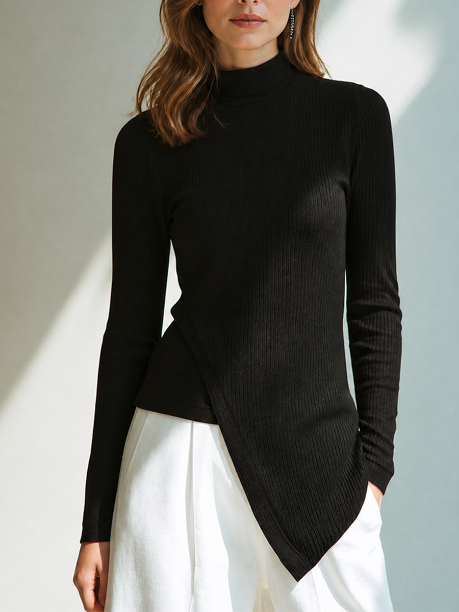 Women's Asymmetrical Knit Mock Neck Long Sleeve Top MDZ1275H1LYL