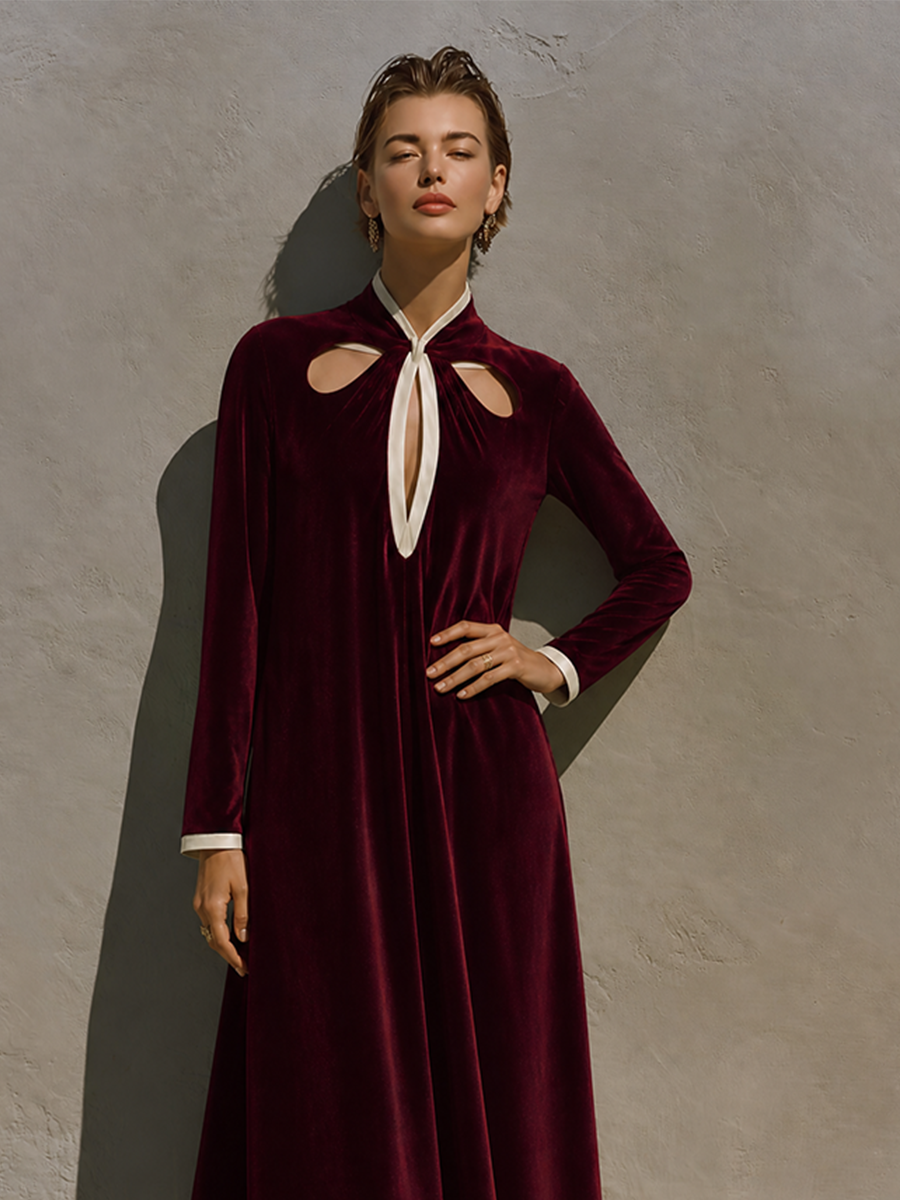 Women's Cutout Contrast Velvet Stand Collar Long Maxi Dress MDZ1294H0LYL