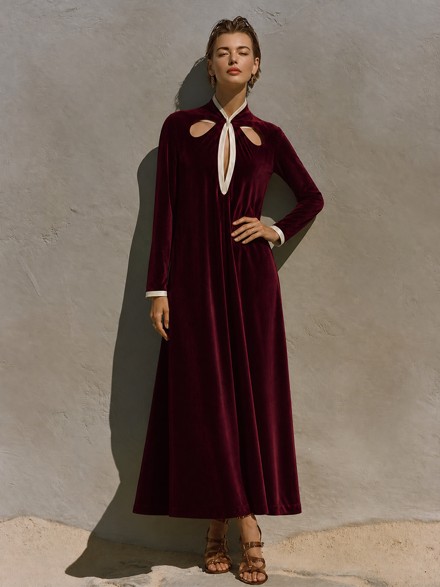 Women's Cutout Contrast Velvet Stand Collar Long Maxi Dress MDZ1294H0LYL