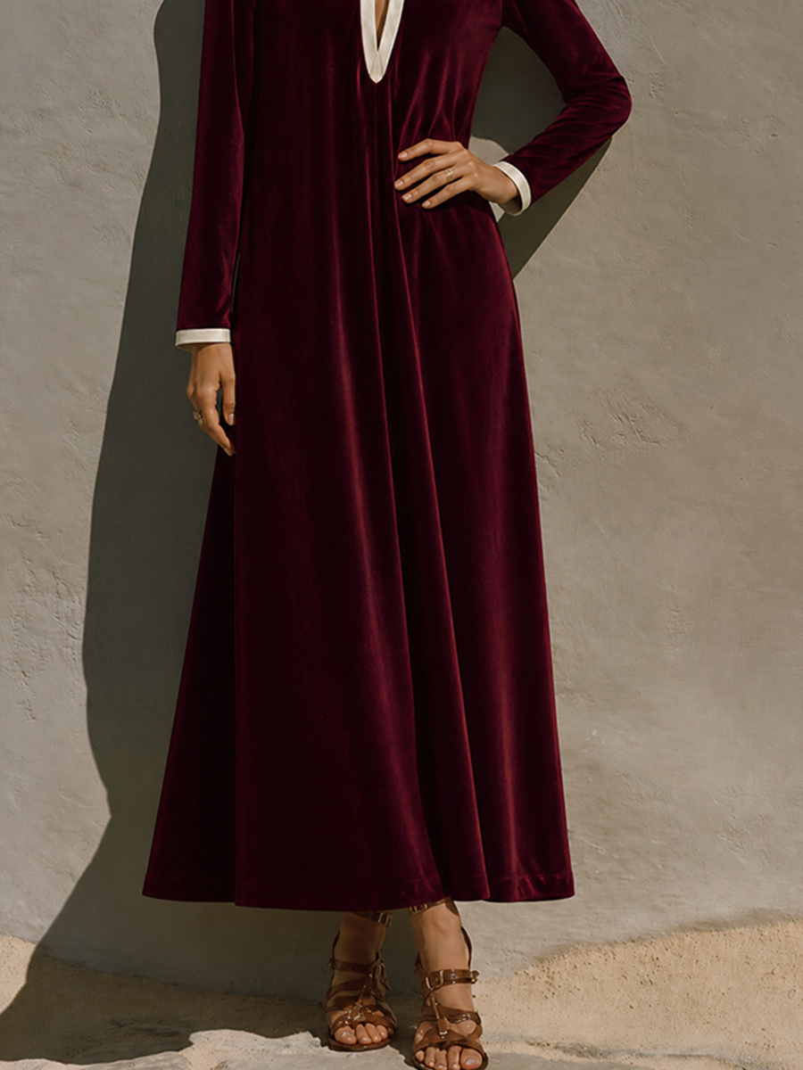 Women's Cutout Contrast Velvet Stand Collar Long Maxi Dress MDZ1294H0LYL