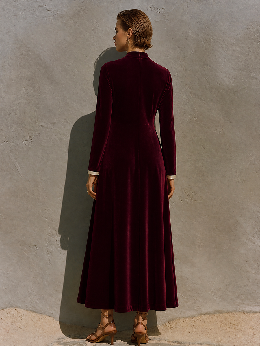 Women's Cutout Contrast Velvet Stand Collar Long Maxi Dress MDZ1294H0LYL