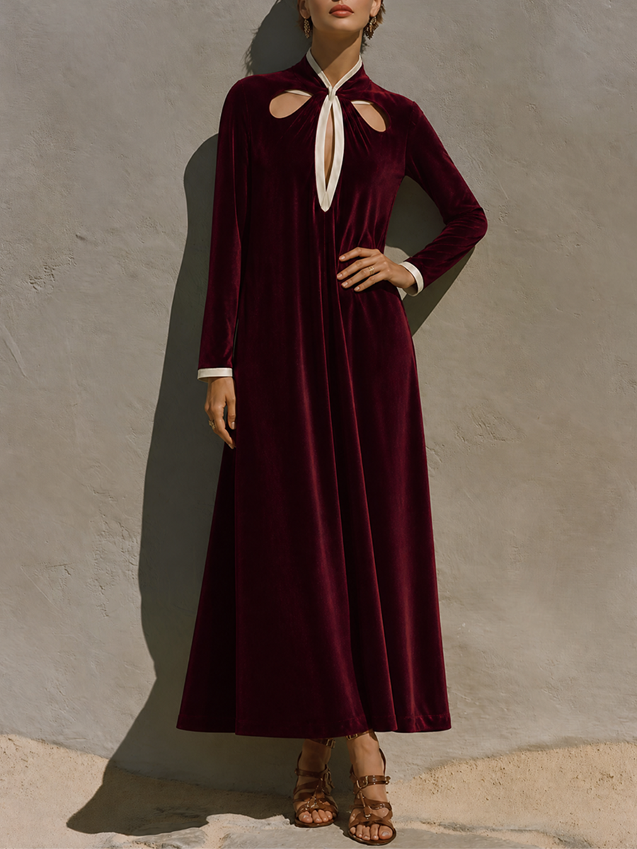Women's Cutout Contrast Velvet Stand Collar Long Maxi Dress MDZ1294H0LYL