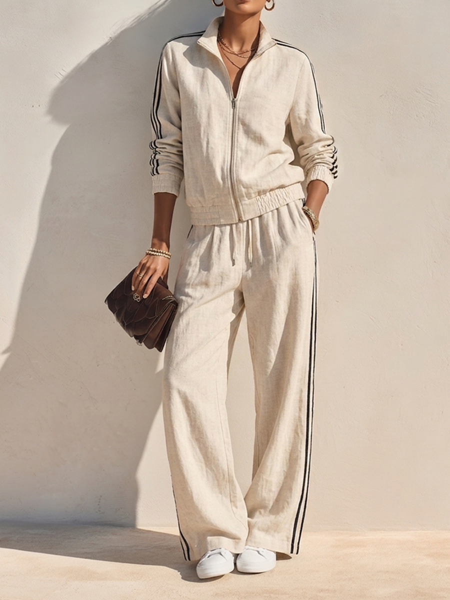Women's Linen-Blend Set – Stand-Collar Zip-Up Jacket & Wide-Leg Trousers With Side Stripes MDZ1223H4ZRK