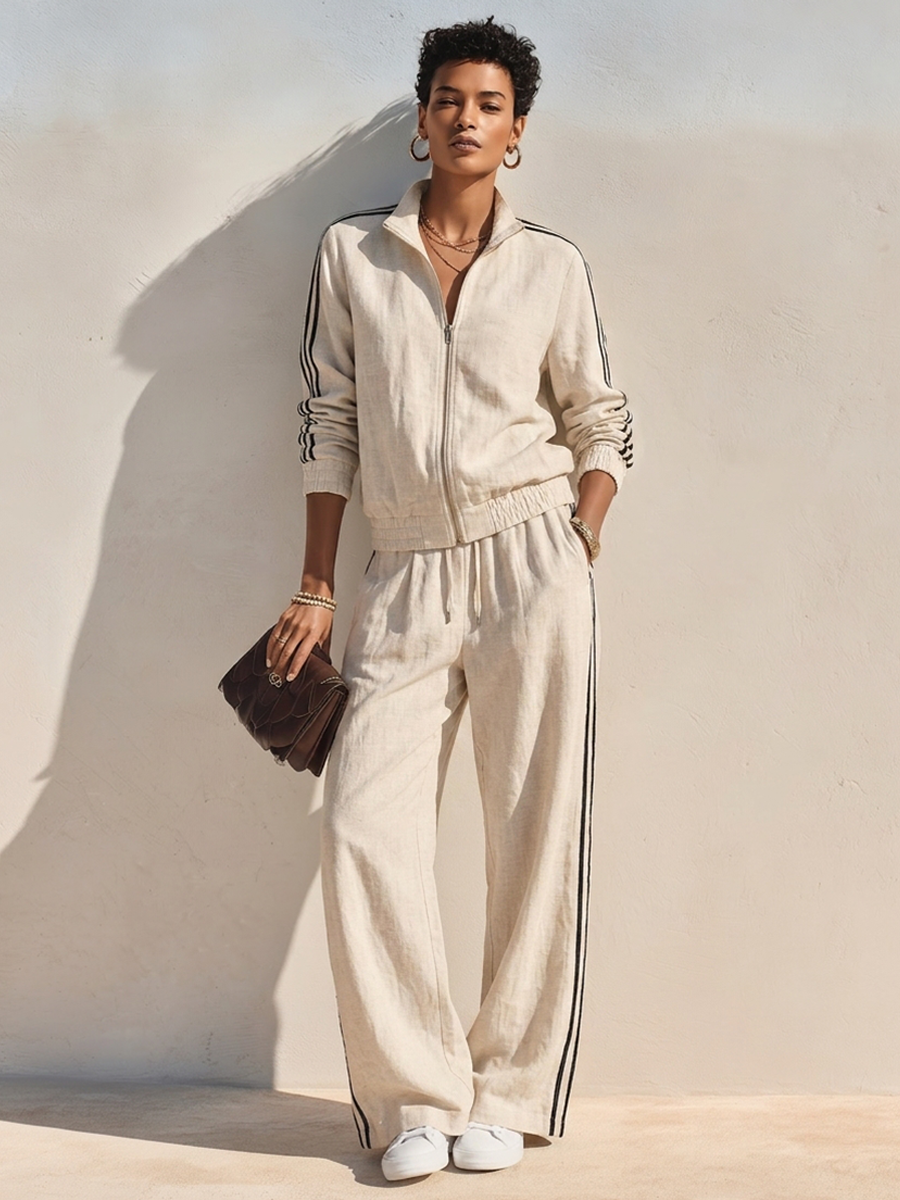Women's Linen-Blend Set – Stand-Collar Zip-Up Jacket & Wide-Leg Trousers With Side Stripes MDZ1223H4ZRK