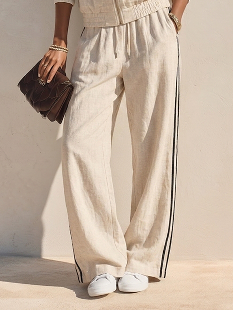 Women's Linen-Blend Set – Stand-Collar Zip-Up Jacket & Wide-Leg Trousers With Side Stripes MDZ1223H4ZRK