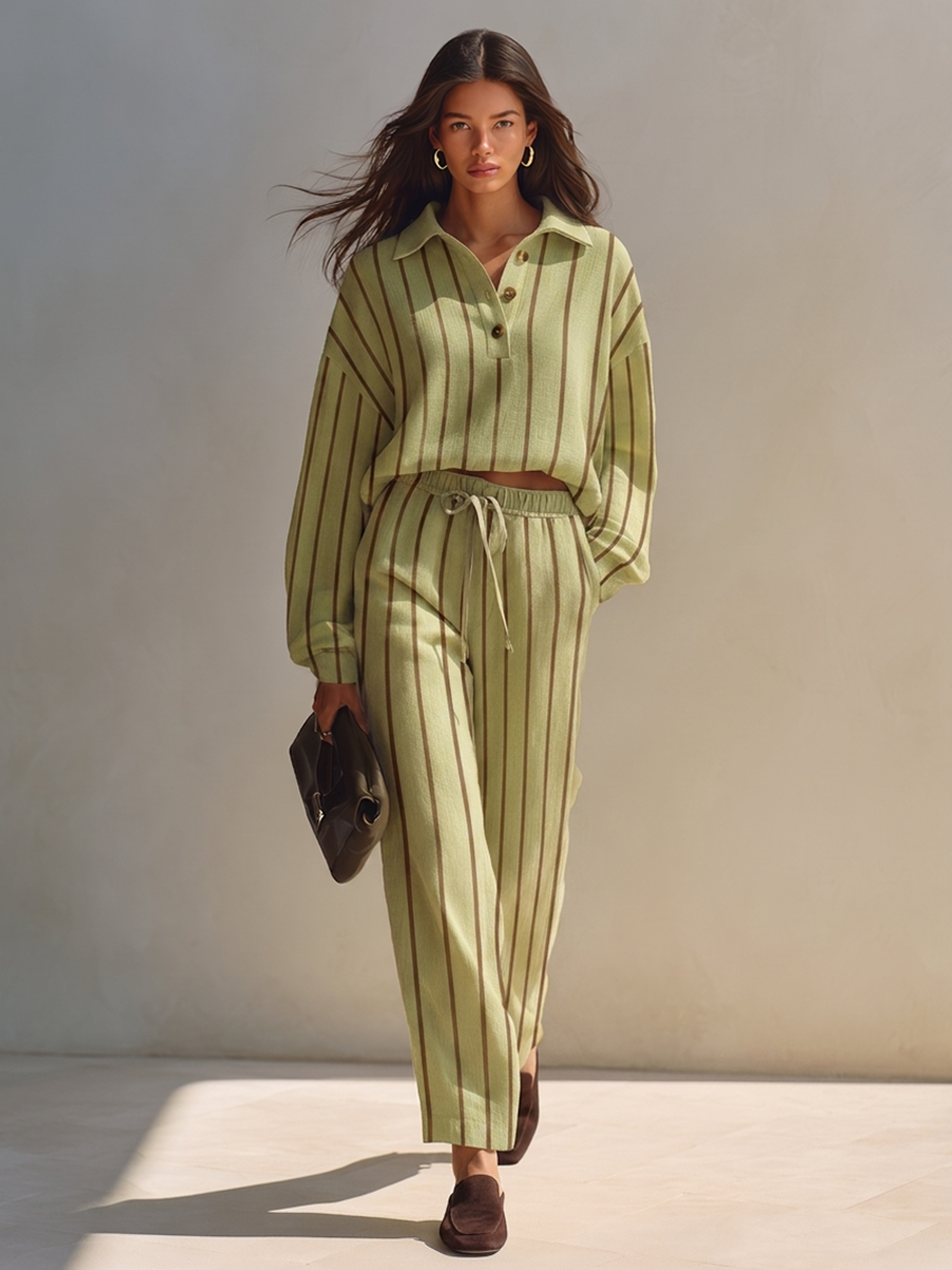 Women's Vertical-Stripe Cotton-Linen Blend Set Whith Polo-Collar Top & Cropped Trousers MDZ1283H1ZRK