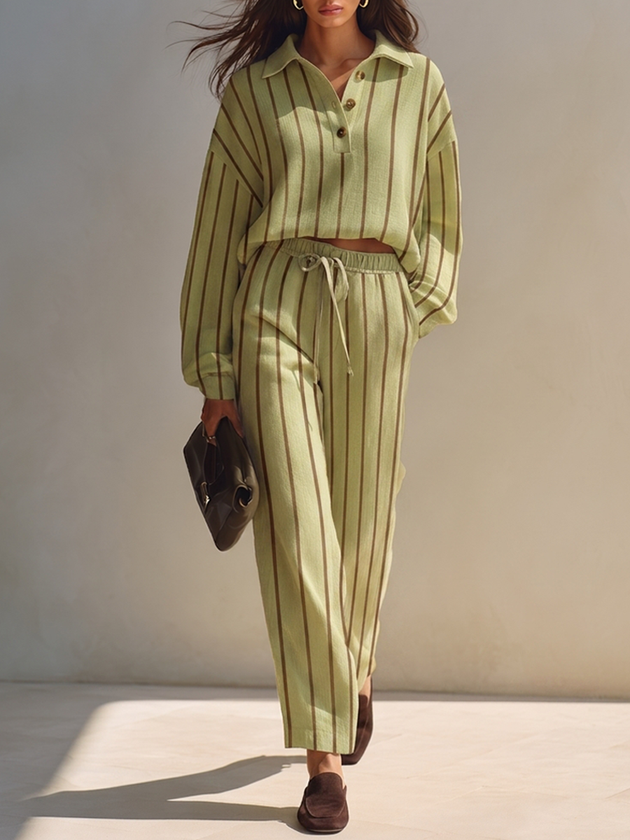 Women's Vertical-Stripe Cotton-Linen Blend Set Whith Polo-Collar Top & Cropped Trousers MDZ1283H1ZRK