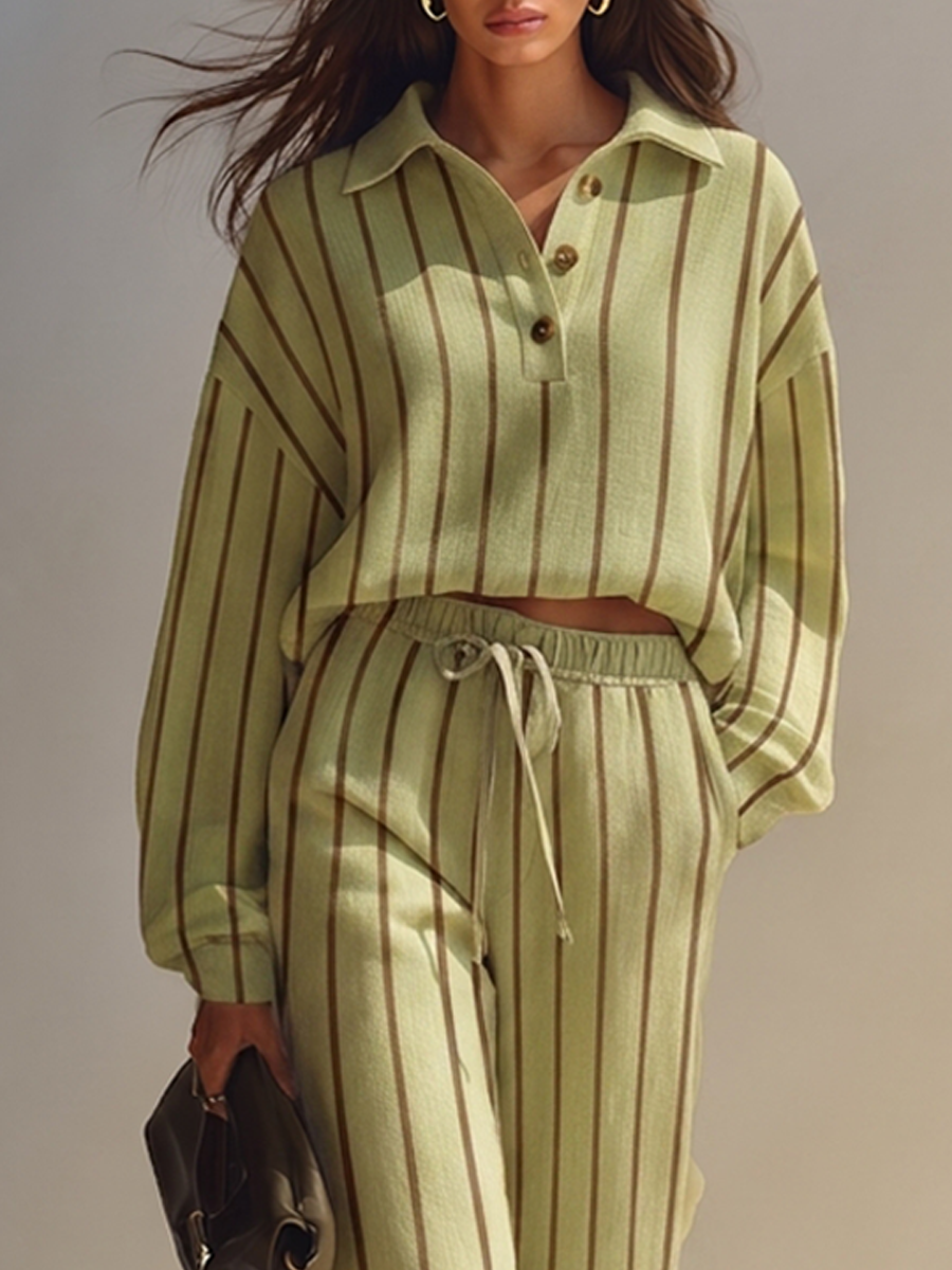 Women's Vertical-Stripe Cotton-Linen Blend Set Whith Polo-Collar Top & Cropped Trousers MDZ1283H1ZRK