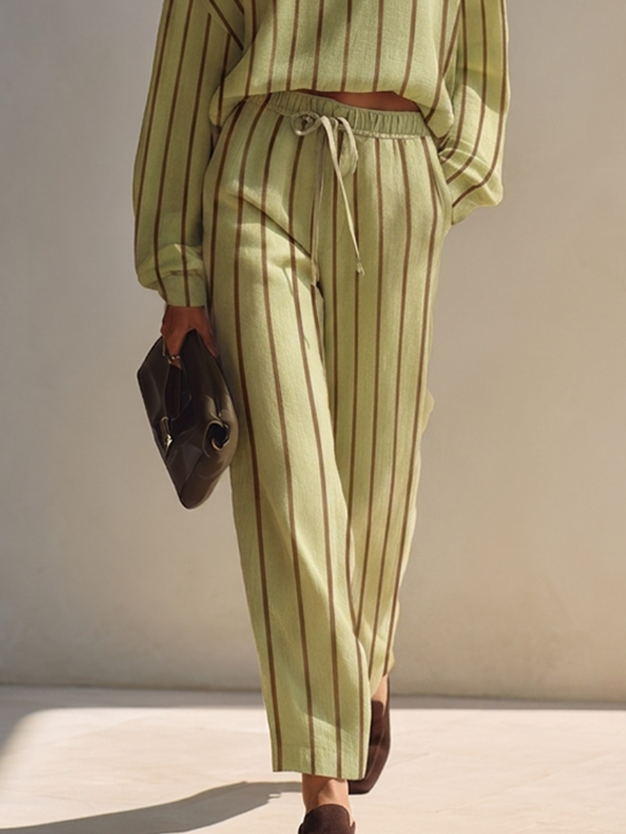 Women's Vertical-Stripe Cotton-Linen Blend Set Whith Polo-Collar Top & Cropped Trousers MDZ1283H1ZRK