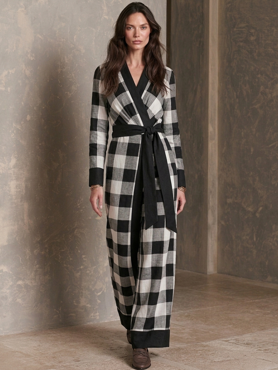 Women's Cotton-Linen Blend V-Neck Plaid Wrap Dress MDZ1222H2ZRK