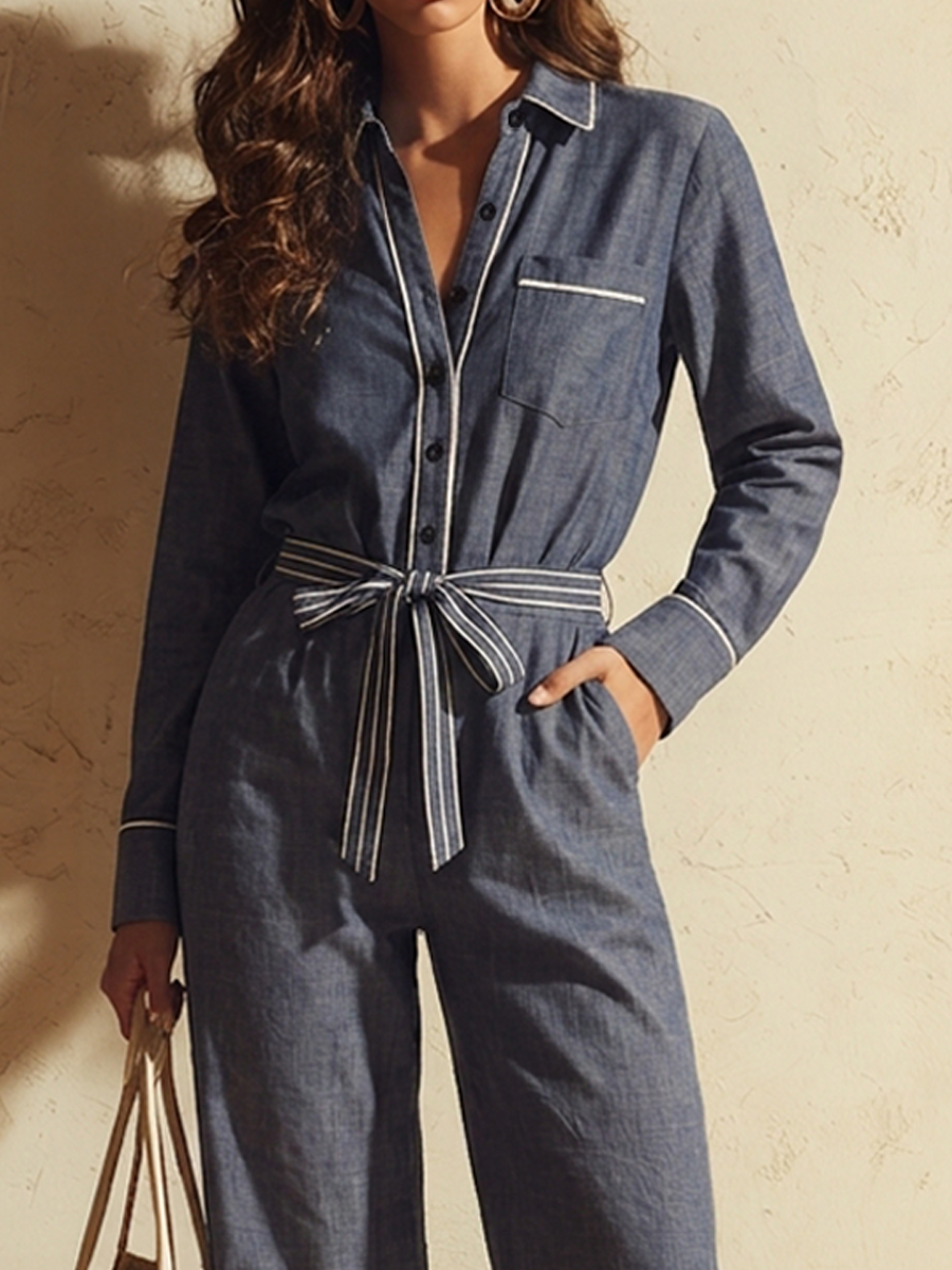 Women's Cotton-Linen Blend Jumpsuit With Contrast-Stitched Lapel And Tie-Waist MDZ1218H3ZRK