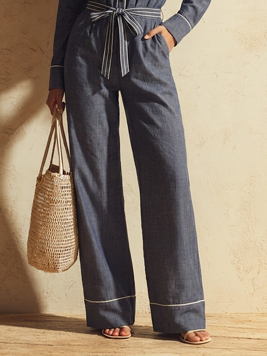 Women's Cotton-Linen Blend Jumpsuit With Contrast-Stitched Lapel And Tie-Waist MDZ1218H3ZRK