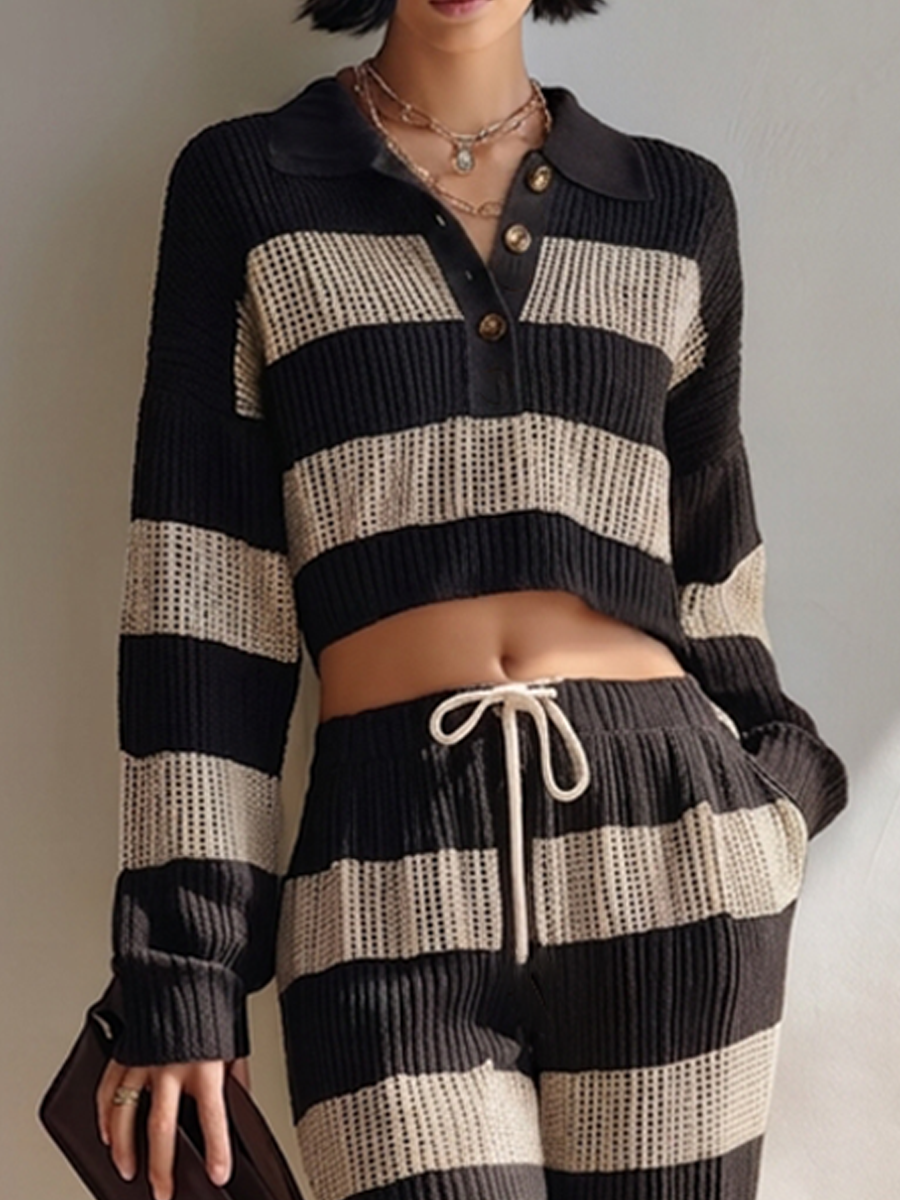 Women's Polo Collar Striped Short Top Wide Leg Pants Woolen Suit MDZ1203H8ZRK