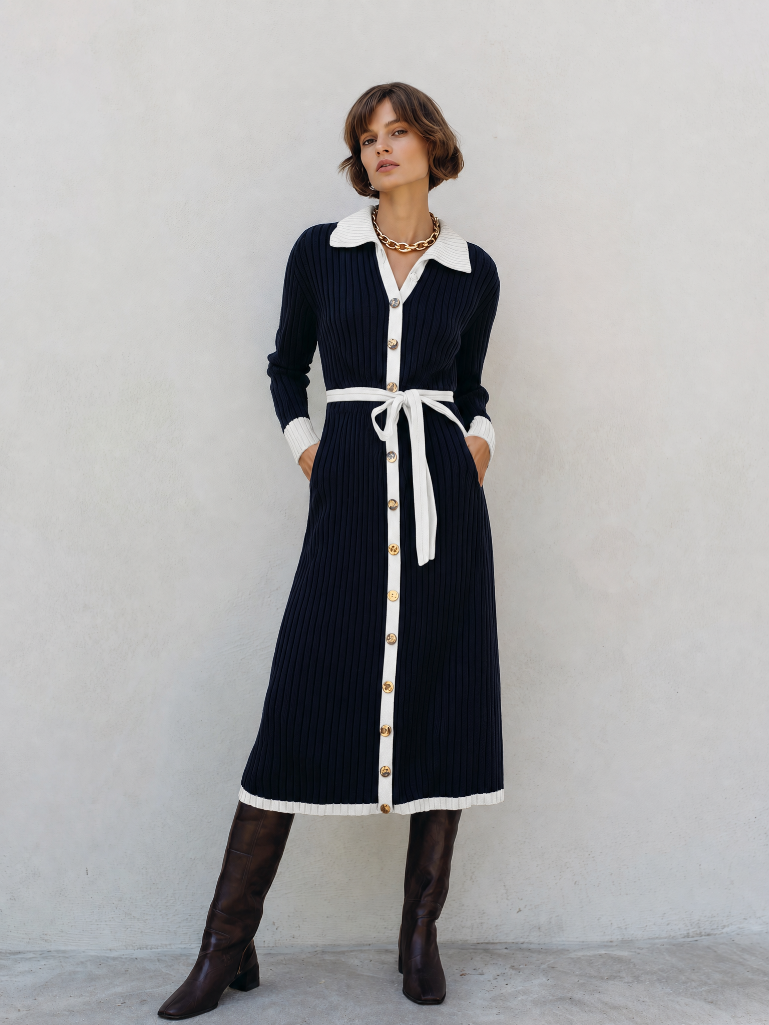 Women's Long Sleeve Contrast Trim Button Navy Sweater Dress MDZ1266H0YZJ