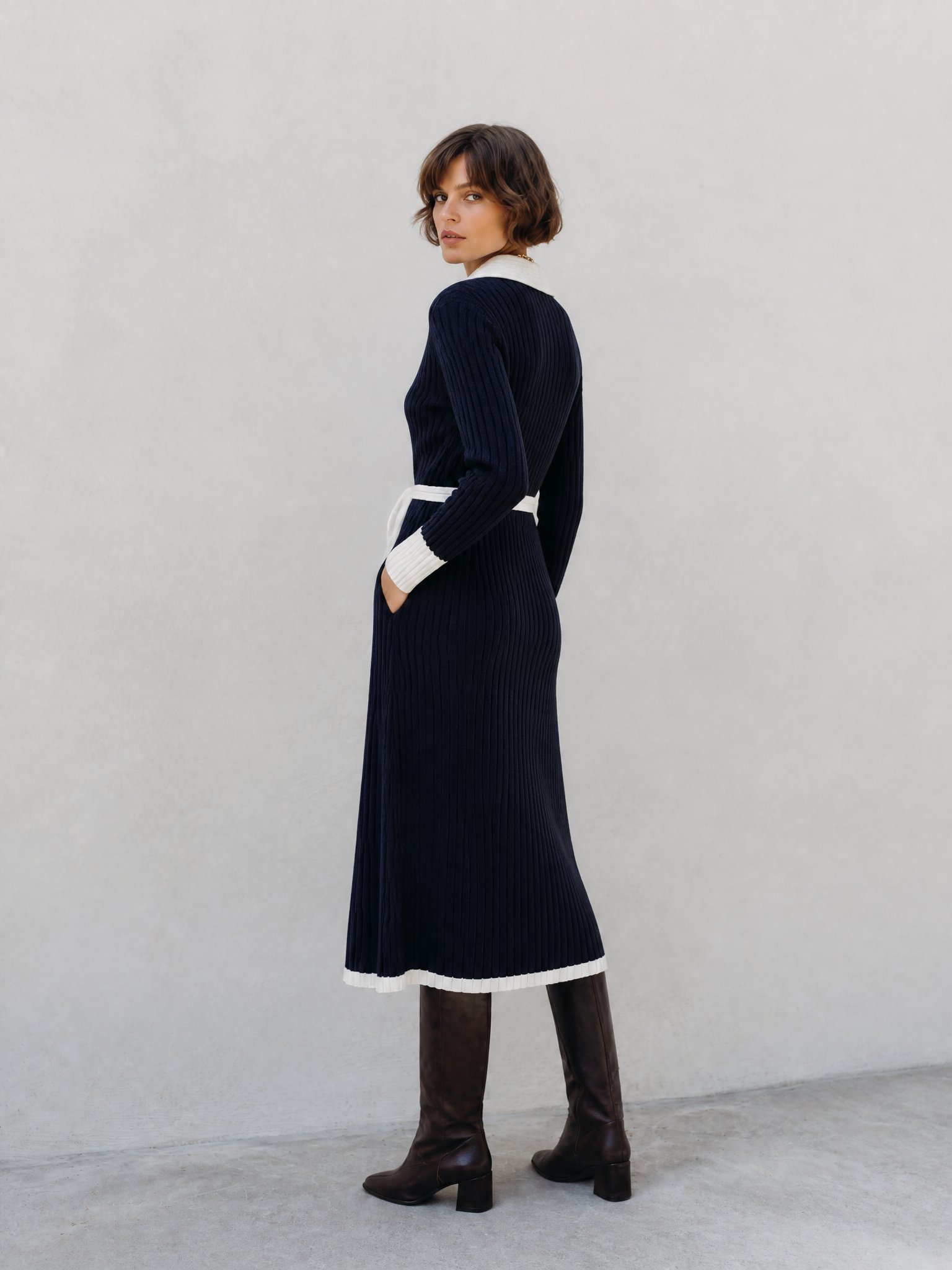Women's Long Sleeve Contrast Trim Button Navy Sweater Dress MDZ1266H0YZJ