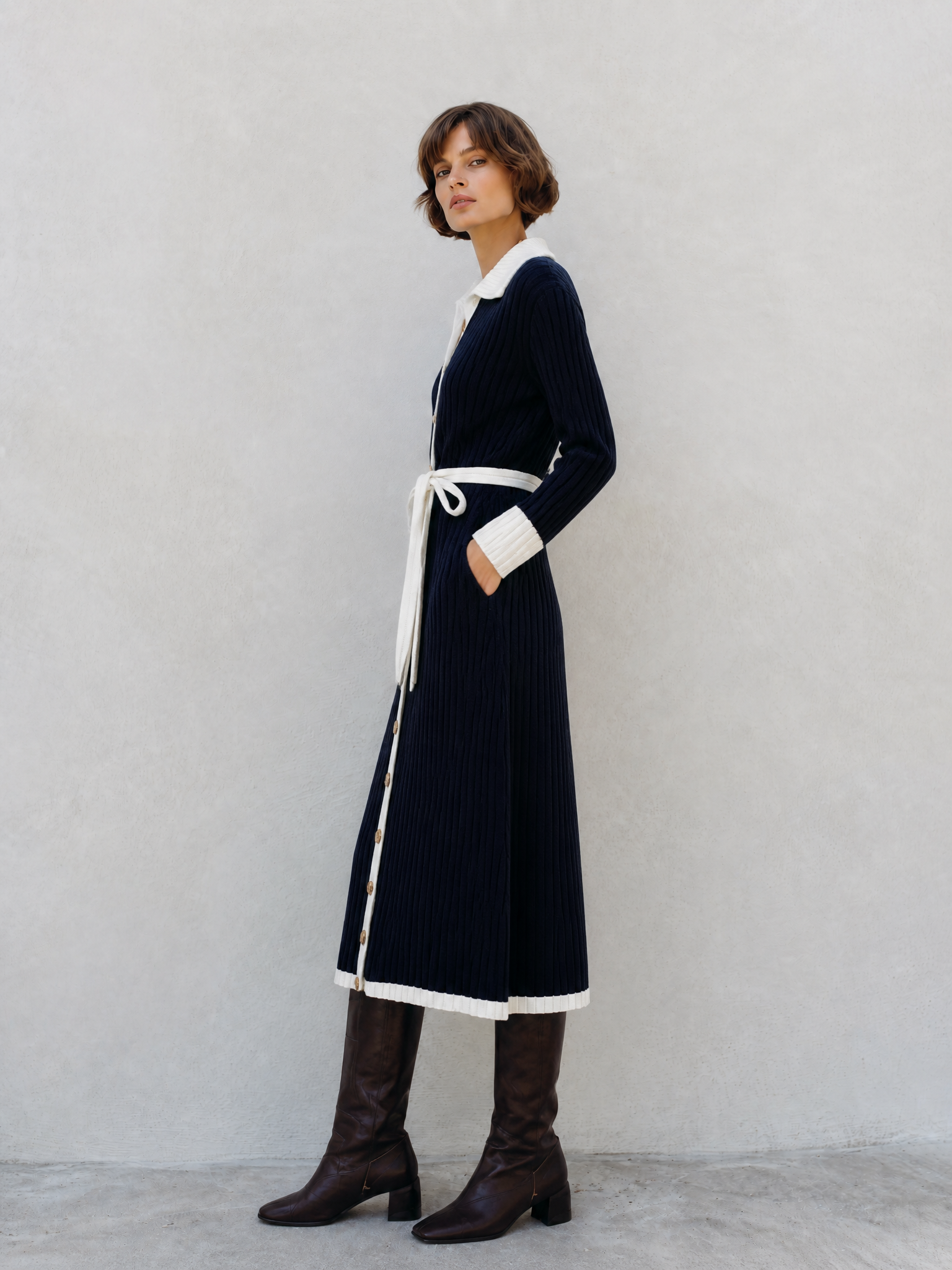 Women's Long Sleeve Contrast Trim Button Navy Sweater Dress MDZ1266H0YZJ