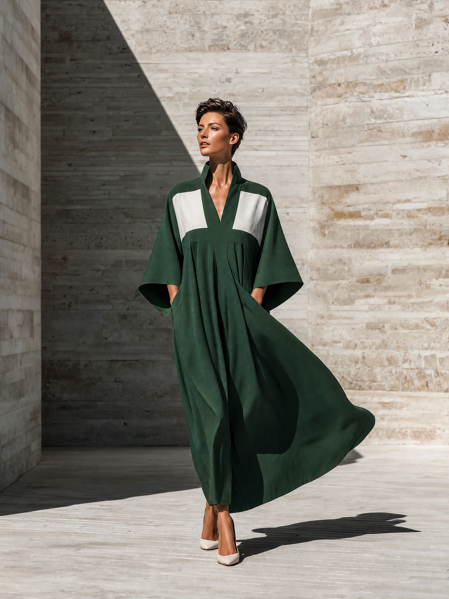 Women's Kimono Sleeve V Neck Colorblock Green Maxi Dress MDZ1203H8YZJ