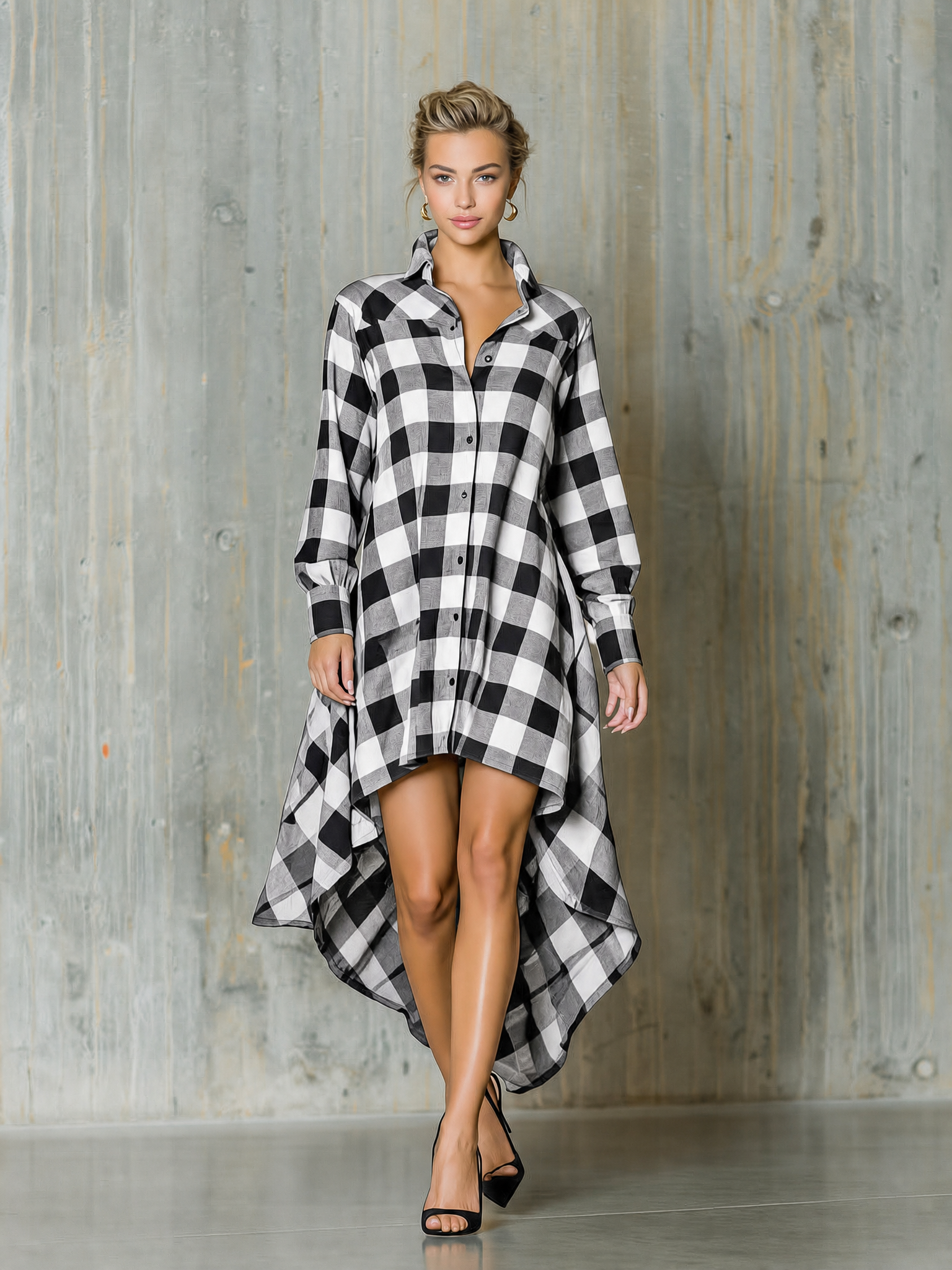 Women's Long Sleeve Buffalo Plaid High Low Shirt Dress MDZ1236H7YZJ