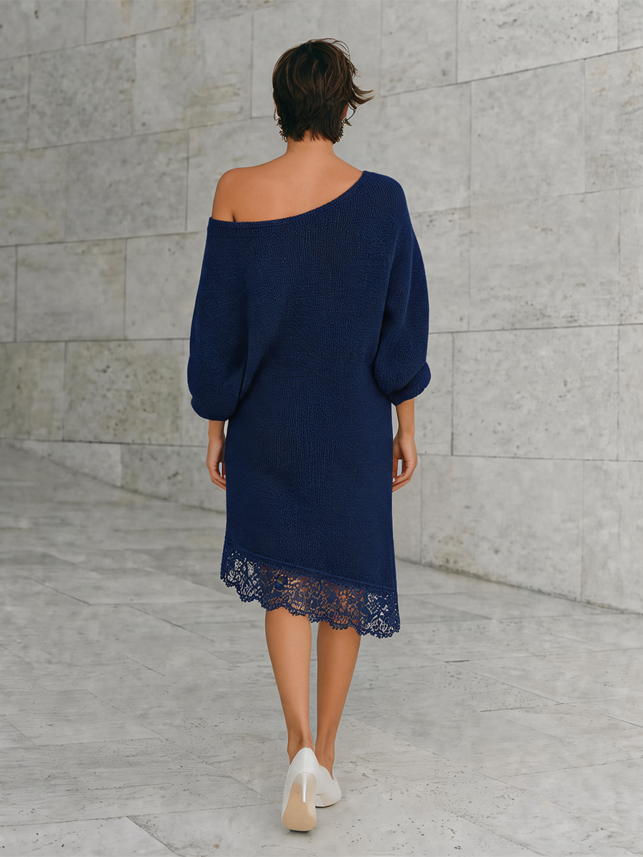 Women's One Shoulder Lace Hem Knit Navy Dress MDZ1258H9YZJ