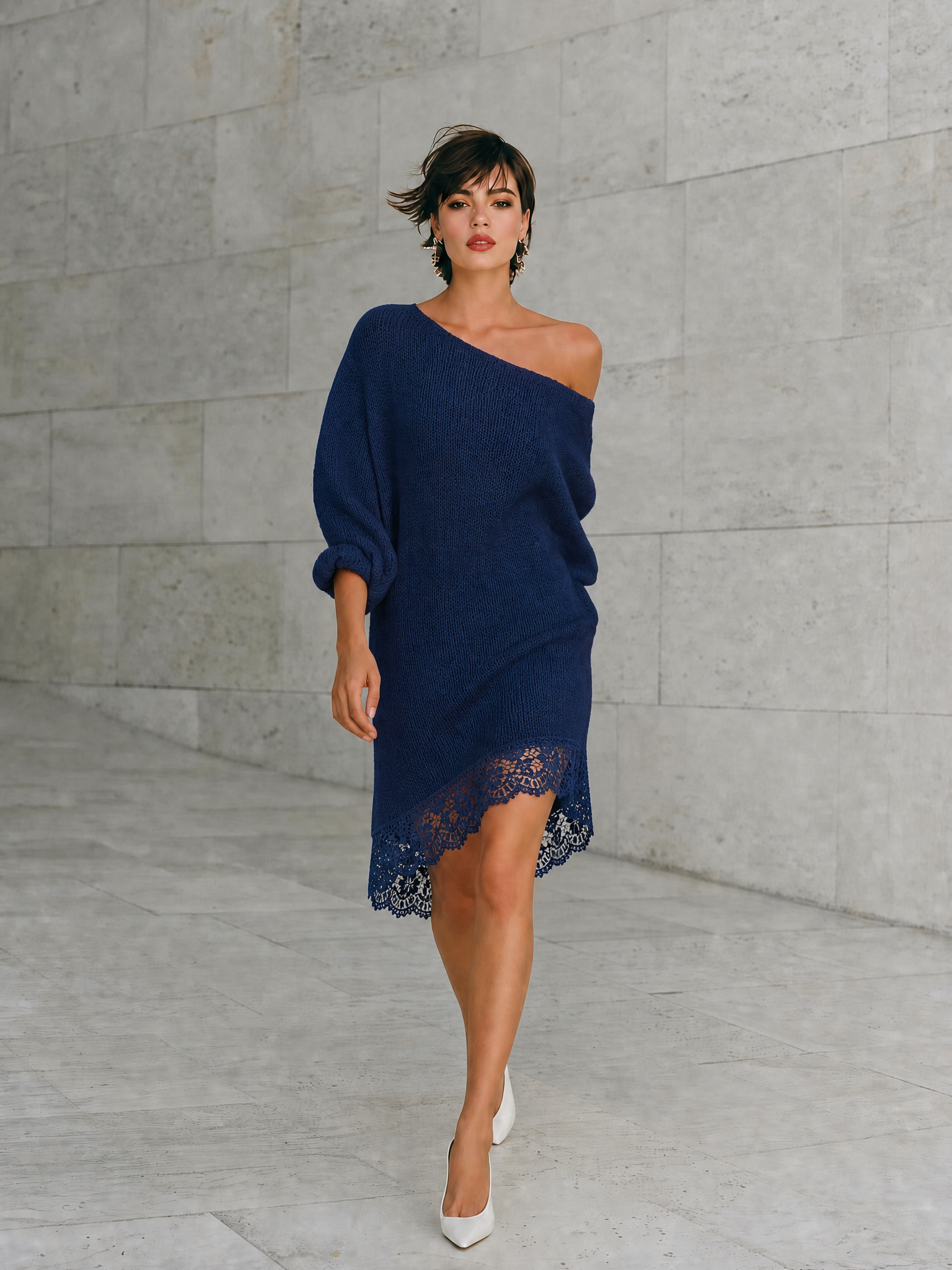 Women's One Shoulder Lace Hem Knit Navy Dress MDZ1258H9YZJ