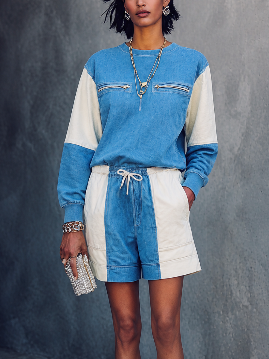 Women's Colorblock Casual Zip-Pocket Shorts Set MDZ1299H1GMJ