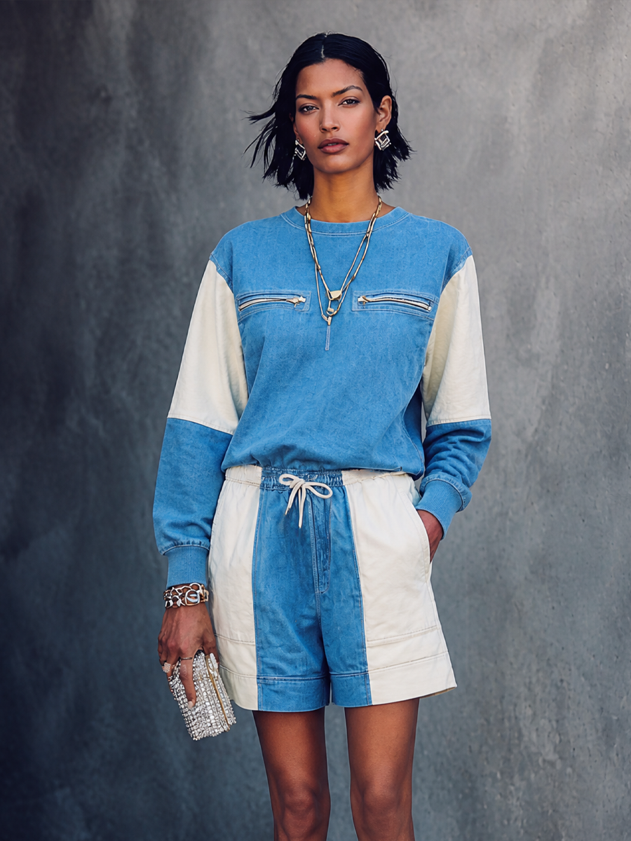 Women's Colorblock Casual Zip-Pocket Shorts Set MDZ1299H1GMJ