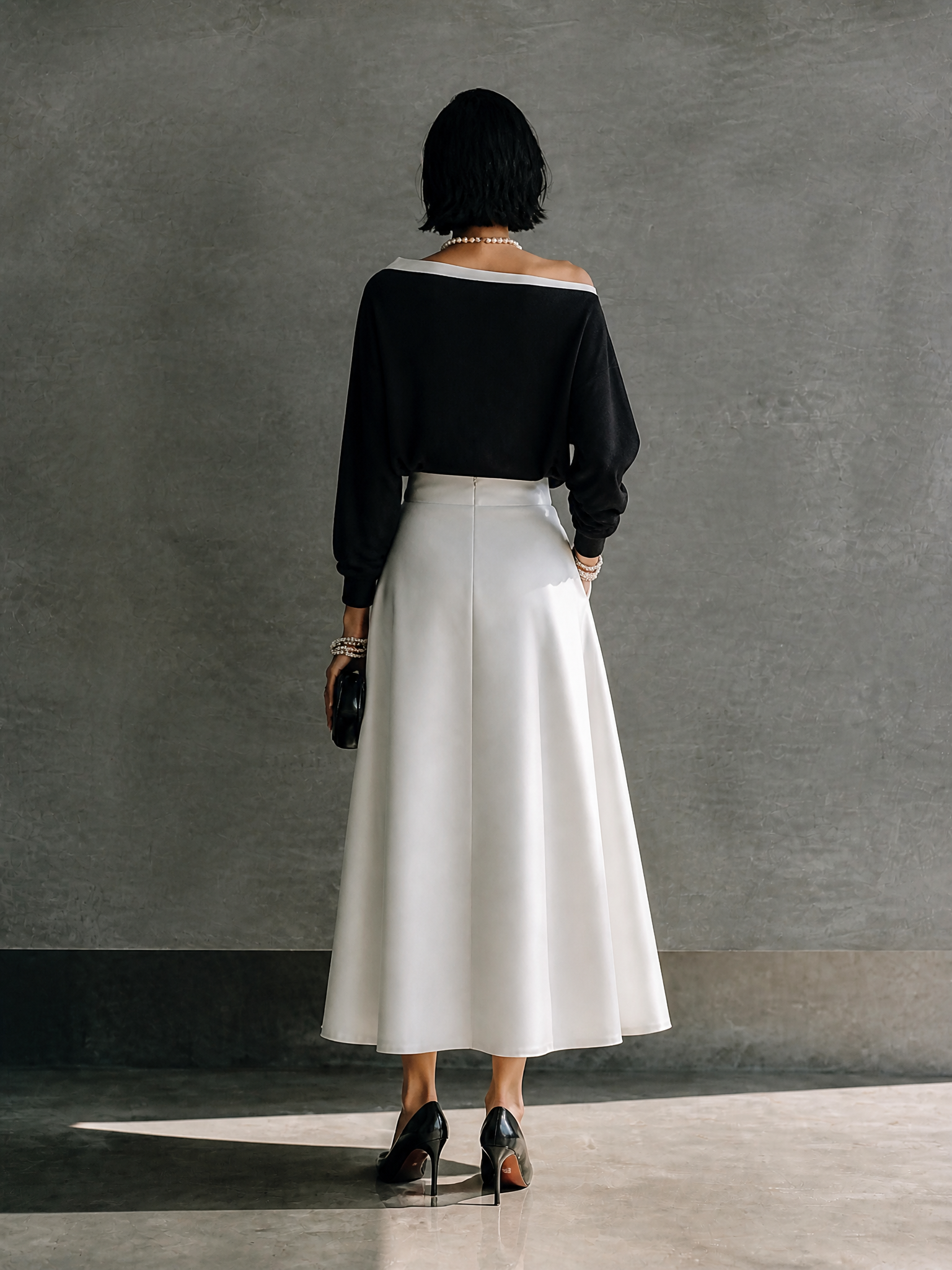 Women's Elegant Off-Shoulder Satin Midi Skirt Set MDZ1297H2GMJ