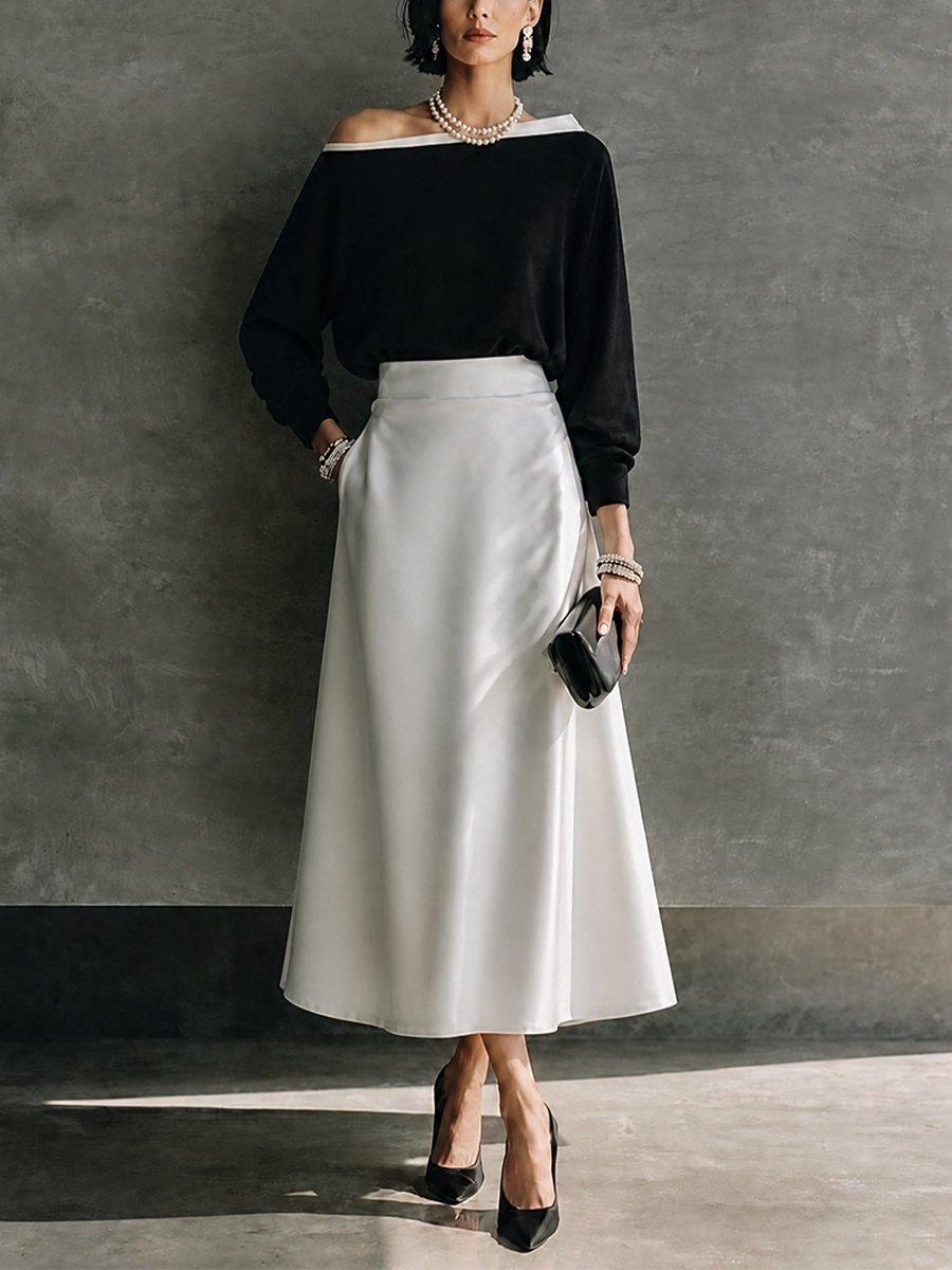 Women's Elegant Off-Shoulder Satin Midi Skirt Set MDZ1297H2GMJ
