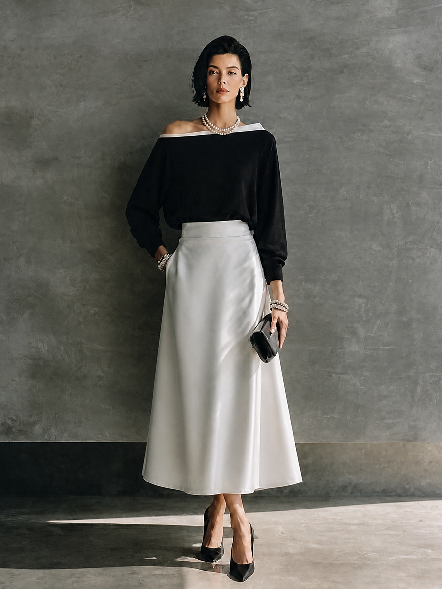 Women's Elegant Off-Shoulder Satin Midi Skirt Set MDZ1297H2GMJ