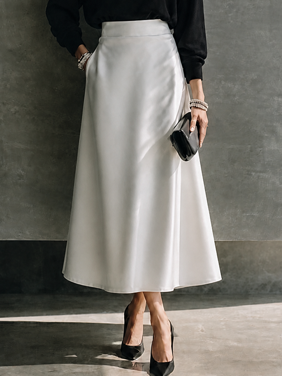 Women's Elegant Off-Shoulder Satin Midi Skirt Set MDZ1297H2GMJ