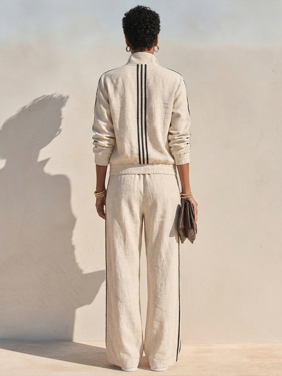 Women's Linen-Blend Set – Stand-Collar Zip-Up Jacket & Wide-Leg Trousers With Side Stripes MDZ1223H4ZRK