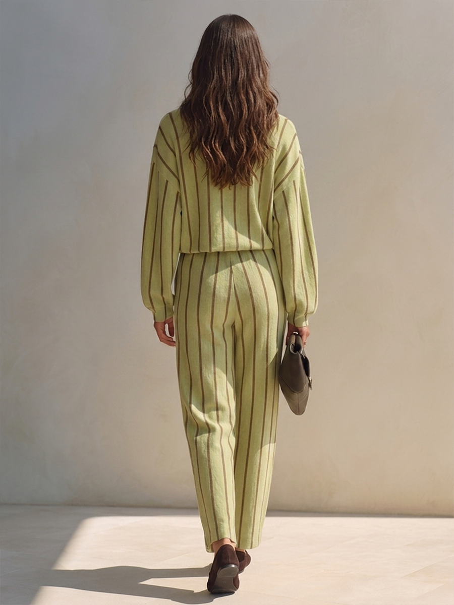 Women's Vertical-Stripe Cotton-Linen Blend Set Whith Polo-Collar Top & Cropped Trousers MDZ1283H1ZRK