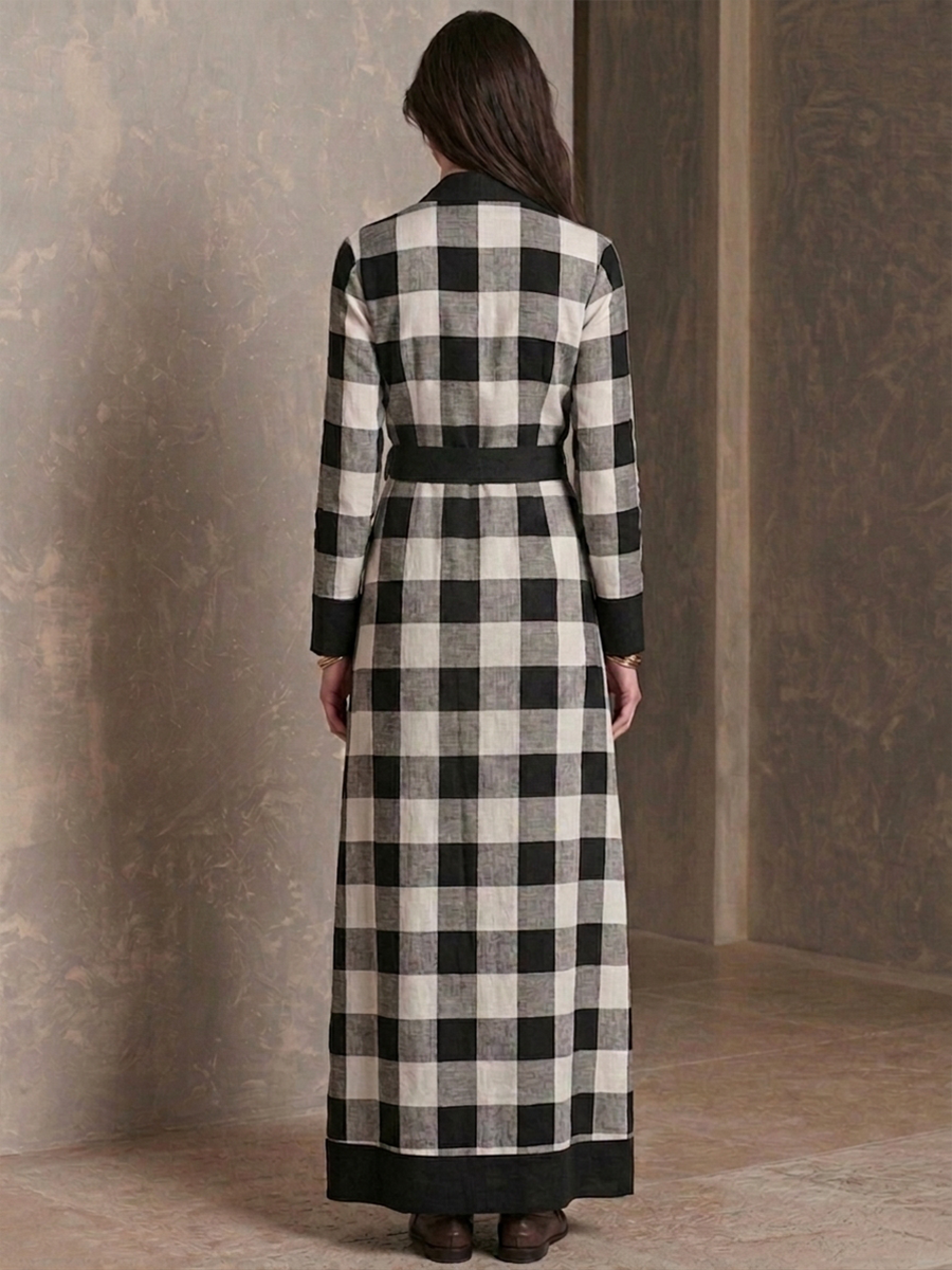 Women's Cotton-Linen Blend V-Neck Plaid Wrap Dress MDZ1222H2ZRK