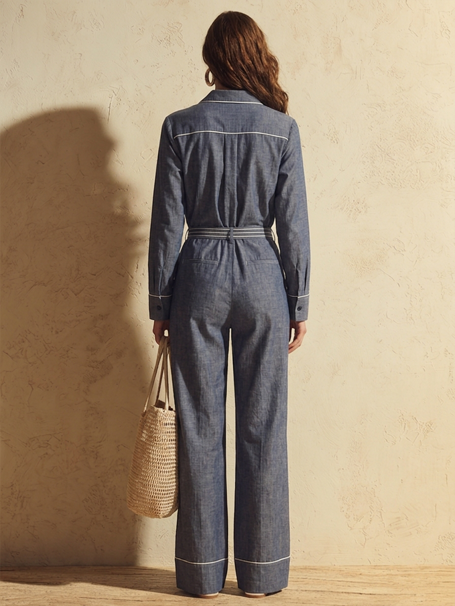 Women's Cotton-Linen Blend Jumpsuit With Contrast-Stitched Lapel And Tie-Waist MDZ1218H3ZRK