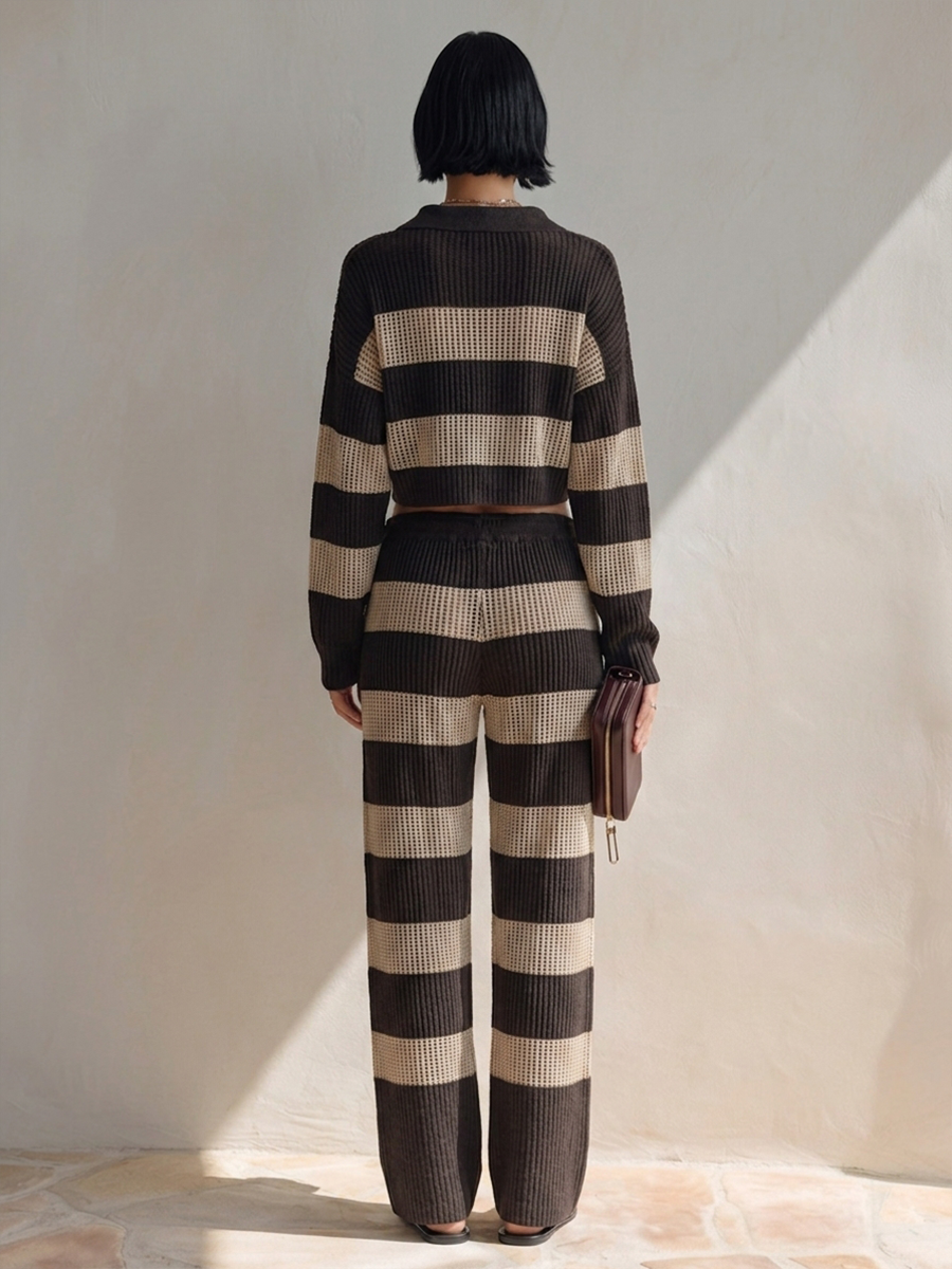 Women's Polo Collar Striped Short Top Wide Leg Pants Woolen Suit MDZ1203H8ZRK