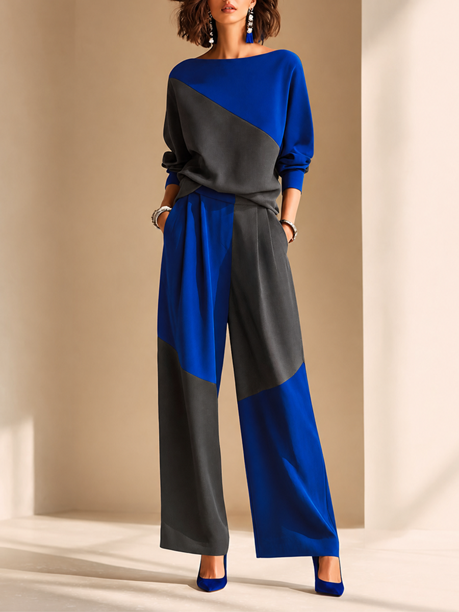 Women's Elegant Colorblock Boat-Neck Dropped-Shoulder Long-Sleeve Top & High-Waisted Wide-Leg Trouser Set MDZ1212H5CMX