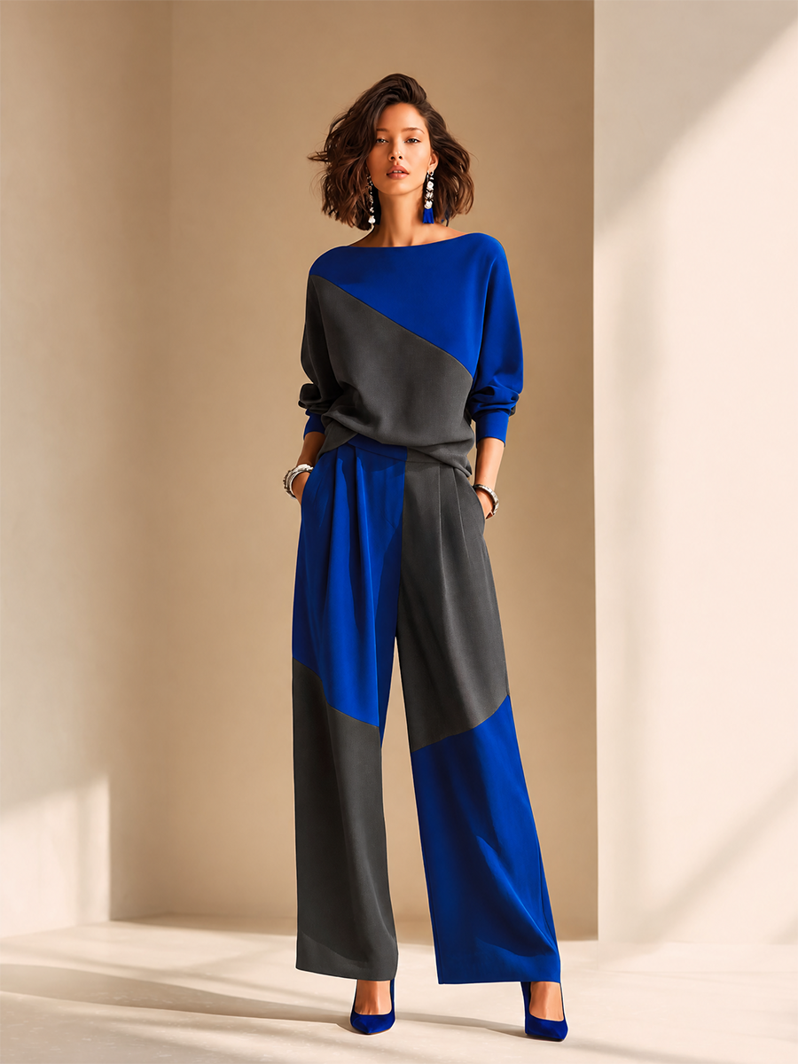 Women's Elegant Colorblock Boat-Neck Dropped-Shoulder Long-Sleeve Top & High-Waisted Wide-Leg Trouser Set MDZ1212H5CMX