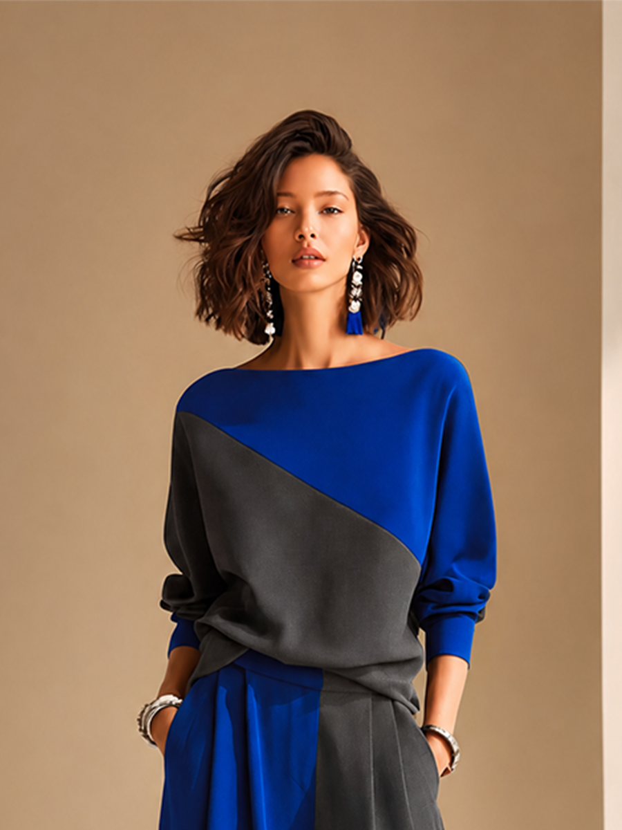 Women's Elegant Colorblock Boat-Neck Dropped-Shoulder Long-Sleeve Top & High-Waisted Wide-Leg Trouser Set MDZ1212H5CMX