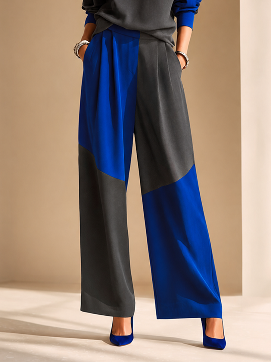 Women's Elegant Colorblock Boat-Neck Dropped-Shoulder Long-Sleeve Top & High-Waisted Wide-Leg Trouser Set MDZ1212H5CMX