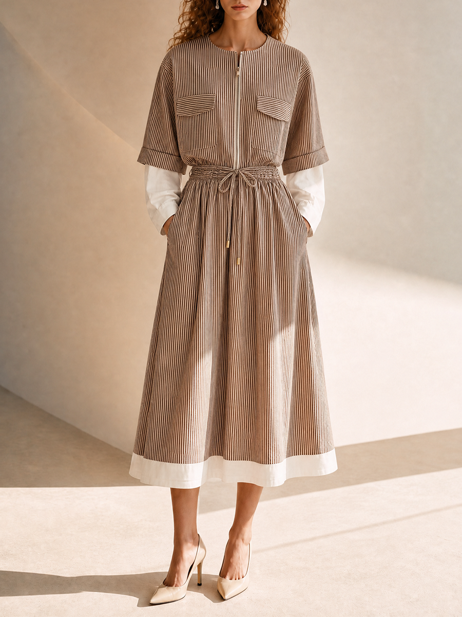 Women's Elegant Cotton Pinstripe Layered Round-Neck Zip-Front Drawstring Belted A-Line Midi Dress MDZ1273H7CMX