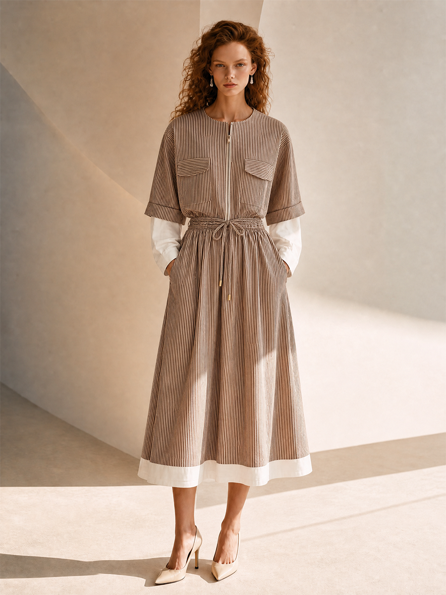 Women's Elegant Cotton Pinstripe Layered Round-Neck Zip-Front Drawstring Belted A-Line Midi Dress MDZ1273H7CMX